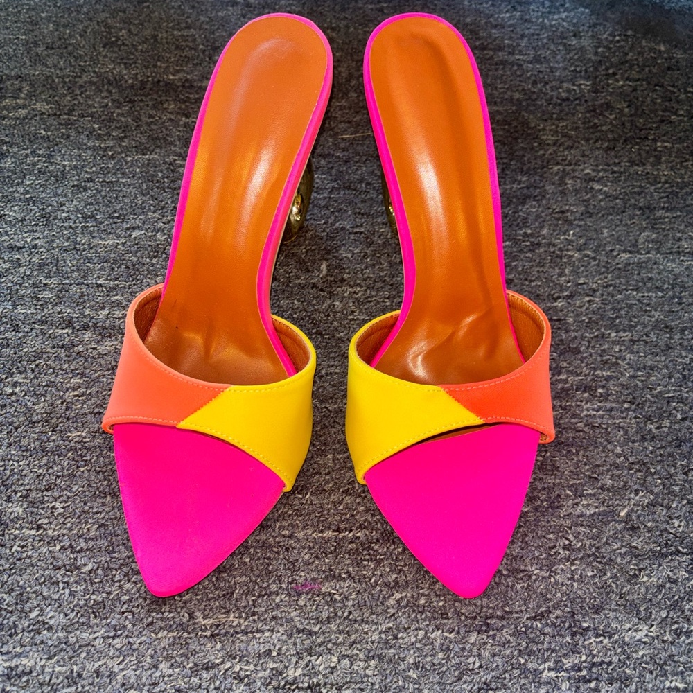 Women's Neon Pink & Orange Slide Mules with Yellow Accent